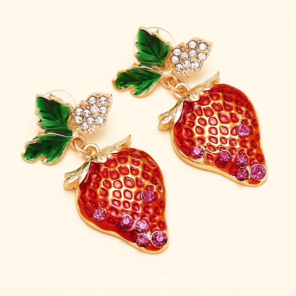 ❤️ FREE Strawberry Fruit Snack Hipster Rhinestone Modern Drop Berry Art Earrings